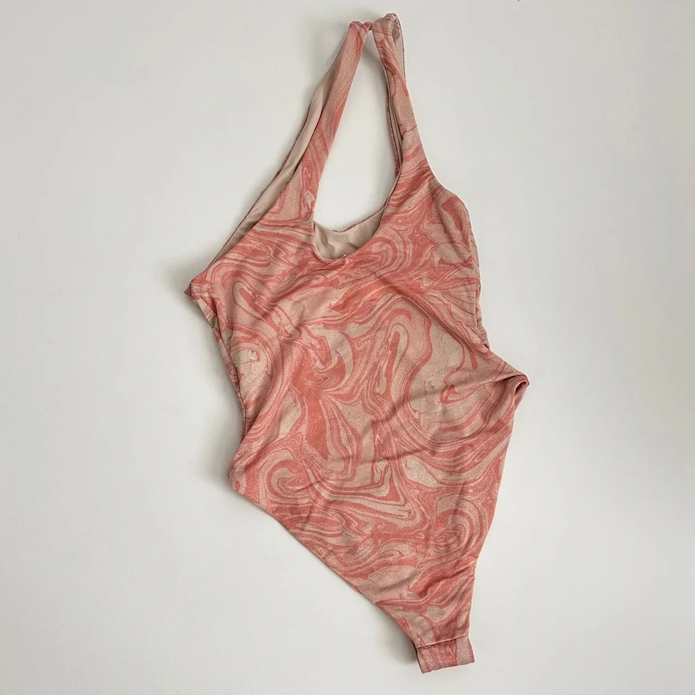 L*Space Blush Tan Shimmer Swirl One Shoulder Cutout One Piece Swimsuit Sz M